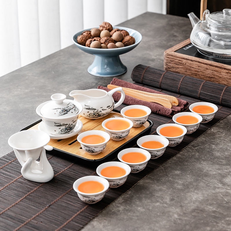 Bộ ấm trà sứ trắng Dehua tiếp khách tại nhà Đơn giản bằng có nắp đậy Bát Tách Du lịch Khay khô