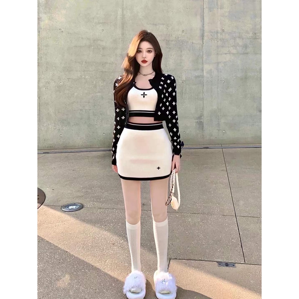 Cocory vn Áo khoác cardigan/set áo không tay và chân váy lưng cao kiểu dáng thời trang cho nữ (có bán lẻ)