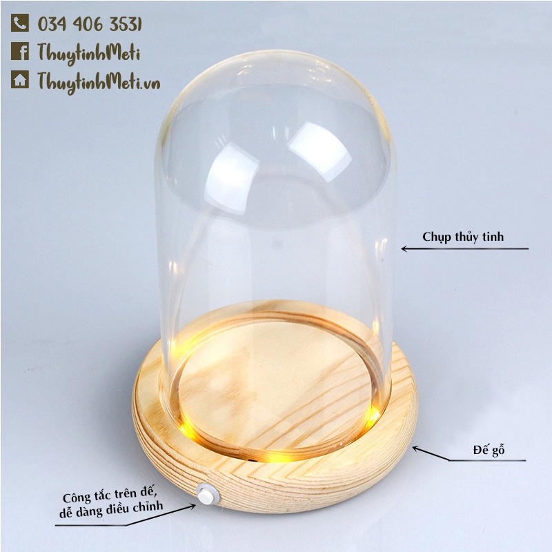 Chụp thủy tinh đế gỗ đèn LED chìm, đường kính 10cm, công tắc trên đế, tặng kèm pin