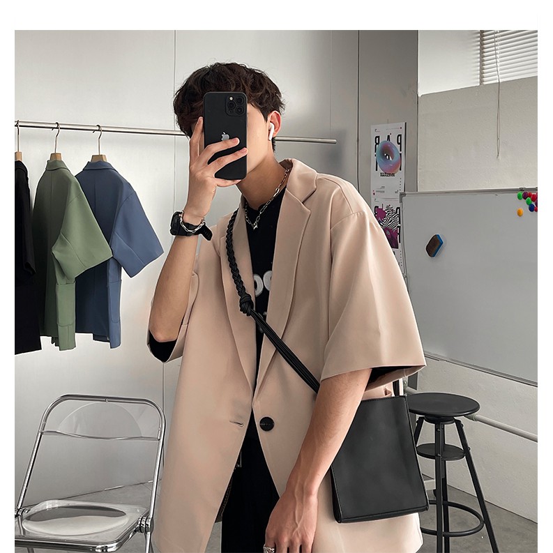 Áo Blazer Nam Tay lỡ, Form Dáng Rộng Áo Khoác Mùa Hè Phong Cách Cá Tính Màu đen, BE BZ05