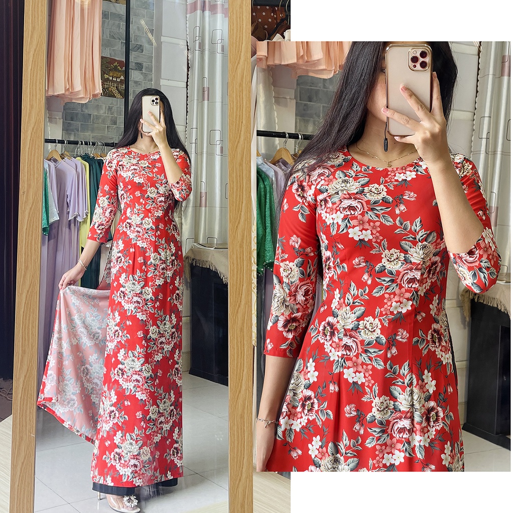 Áo dài đỏ hoa nhí - Áo dài đỏ đô in hoa đào