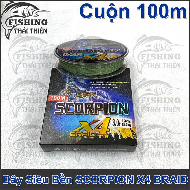 Dây Câu Cá Siêu Bền, Dây Dù Câu Lure, Tóm Lưỡi Câu Scorpion X4 Braid Cuộn 100m