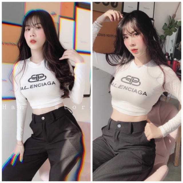 Áo croptop tay dài in siêu hot nhiều màu Freesize dưới 52kg kg - Carotshop