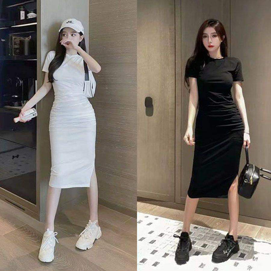 Đầm body cổ tròn tay ngắn xẻ tà 1 bên 2 màu y hình chất thun dày dặn [ VIDEO THẬT- HÌNH THẬT] | BigBuy360 - bigbuy360.vn