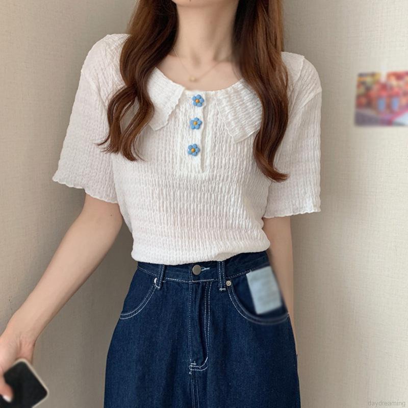 Áo dệt kim tay ngắn cổ kiểu búp bê phong cách Hàn Quốc thời trang mùa hè cho nữ