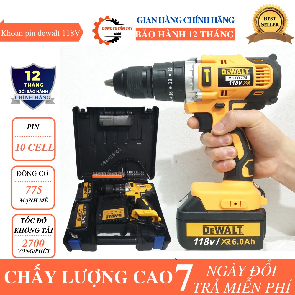 Khoan pin dewalt 118V Động cơ 775 mạnh mẽ - Máy khoan pin dewalt 2 pin khủng 10 cell tặng kèm bộ phụ kiện 22 chi tiết