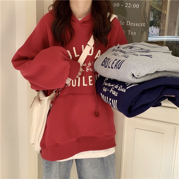 Áo hoodie nữ form rộng dày - chất nỉ tàu không xù ngứa - màu xám - xanh than - đỏ