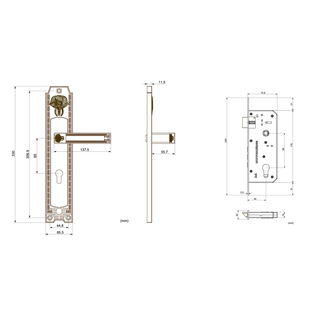 khóa tay gạt đồng thau, Khóa tay nắm HUY HOÀNG  HC 8528 Đại