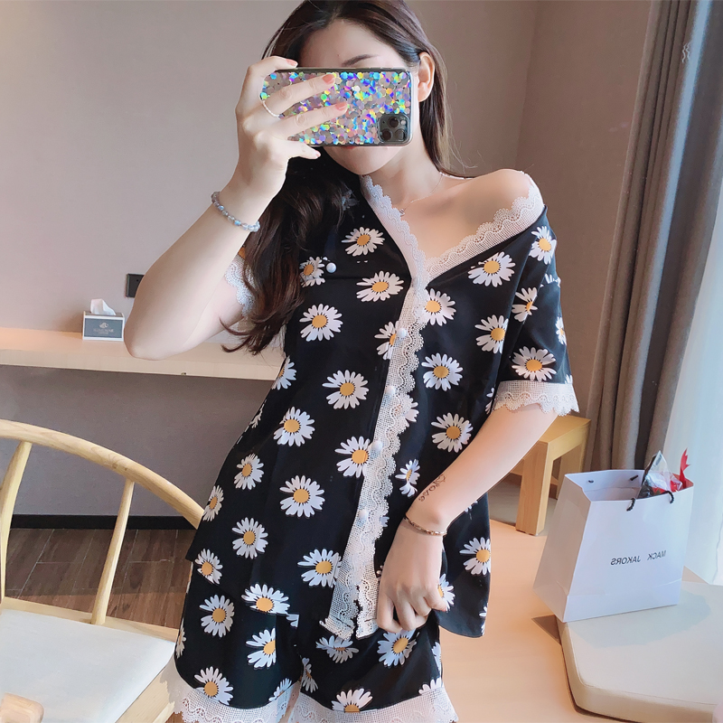 Bộ Đồ Ngủ Lụa Satin Ngắn Tay Phối Ren Phong Cách Hàn Quốc Cho Nữ Size M-2Xl