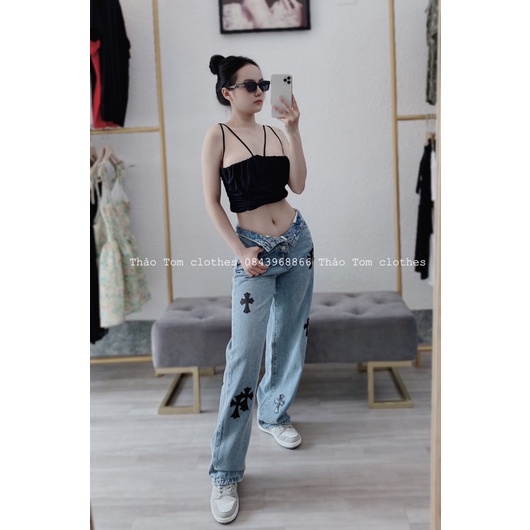 quần jean xuông đáp da, áo dây lưới nhúm( ảnh thật shop chụp)