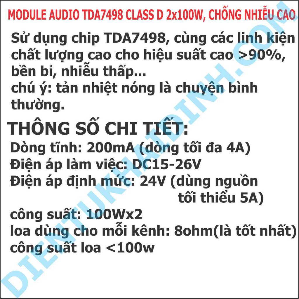 MODULE AUDIO TDA7498 CLASS D 2x100W, CHỐNG NHIỄU CAO kde2160