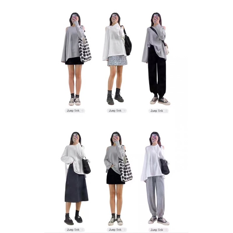 Áo oversize tay dài xẻ tà chéo lưng khoét vai đen trắng xám