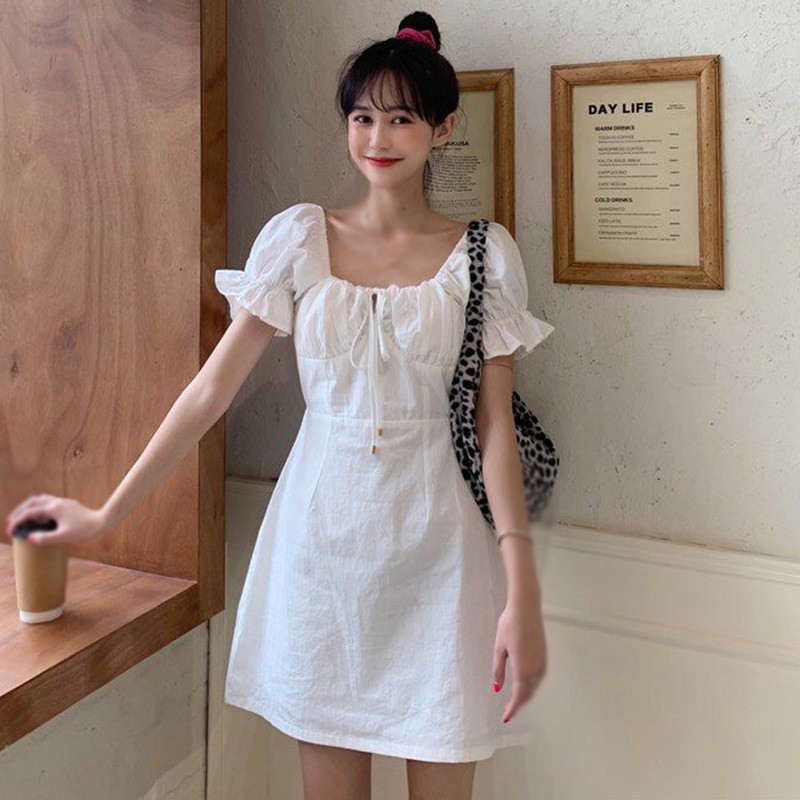 Đầm Nữ Ngắn Tay Cổ Vuông Thời Trang Hàn