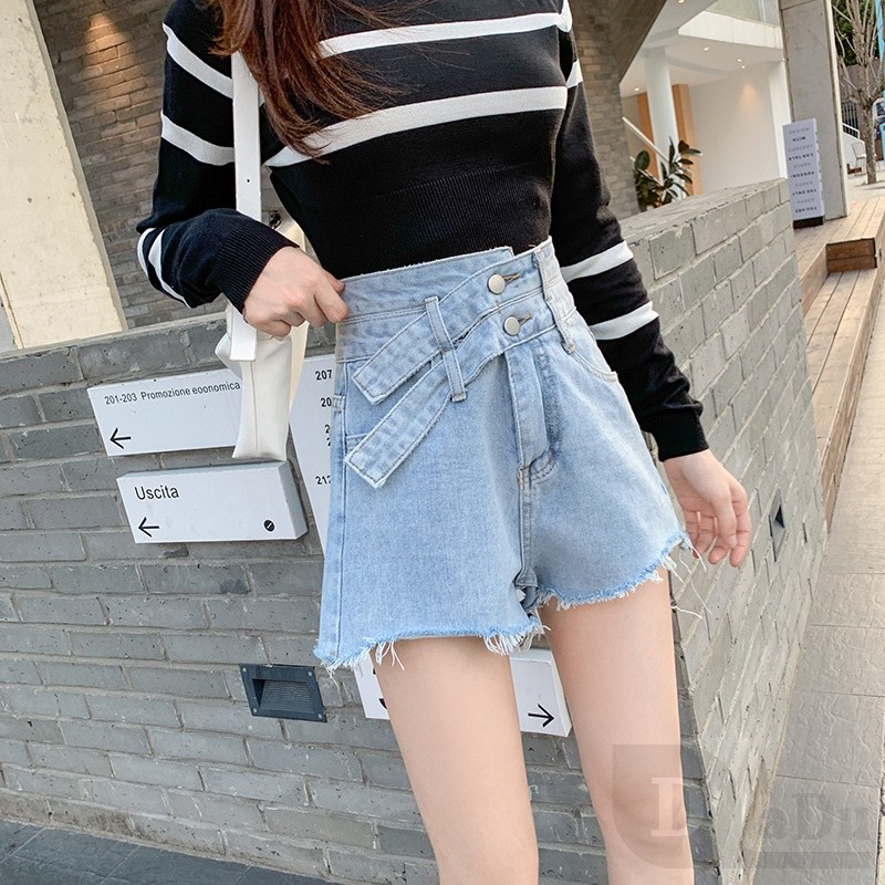 Quần Short Jean Lưng Cao Dáng Rộng Rách Gối Phong Cách Hàn Quốc Thời Trang Mùa Hè Hàng Mới