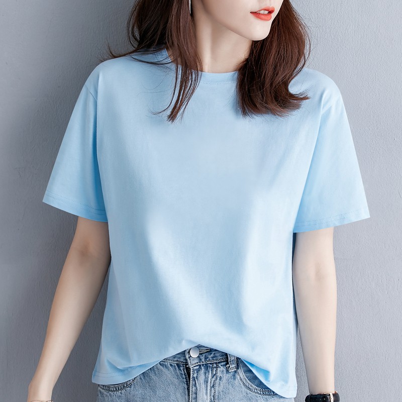 Women's cotton short-sleeved T-shirt solid color short-sleeved loose half-sleeved light blue women's clothing new women'