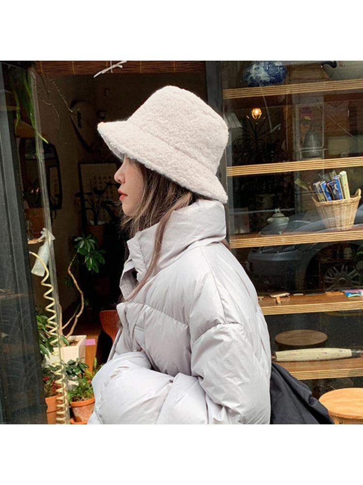 Women Thicken Fuzzy Plush Bucket Hat Solid Color Winter Warmer Fisherman Cap