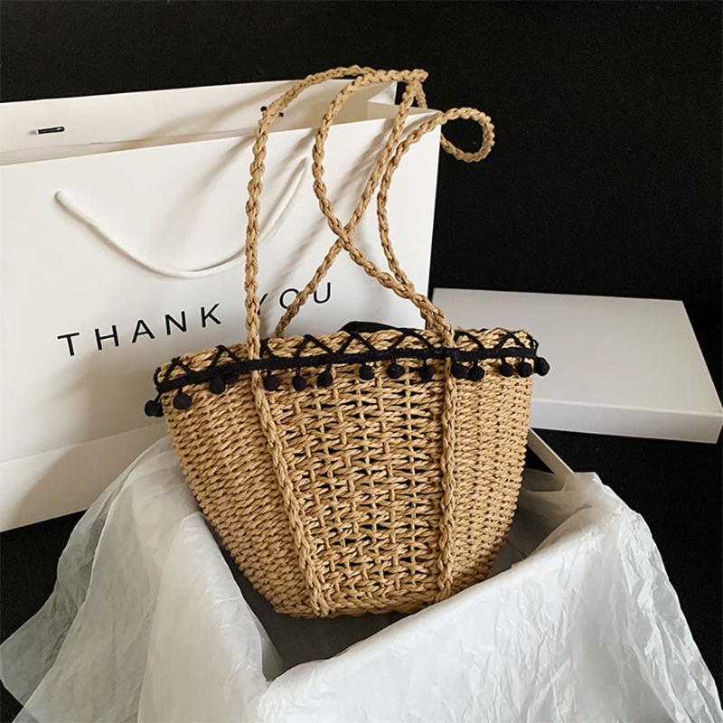 Giỏ Đan Rơm Đeo Vai Phối Tua Rua Và Quả Cầu Lông Xù Kiểu Vintage