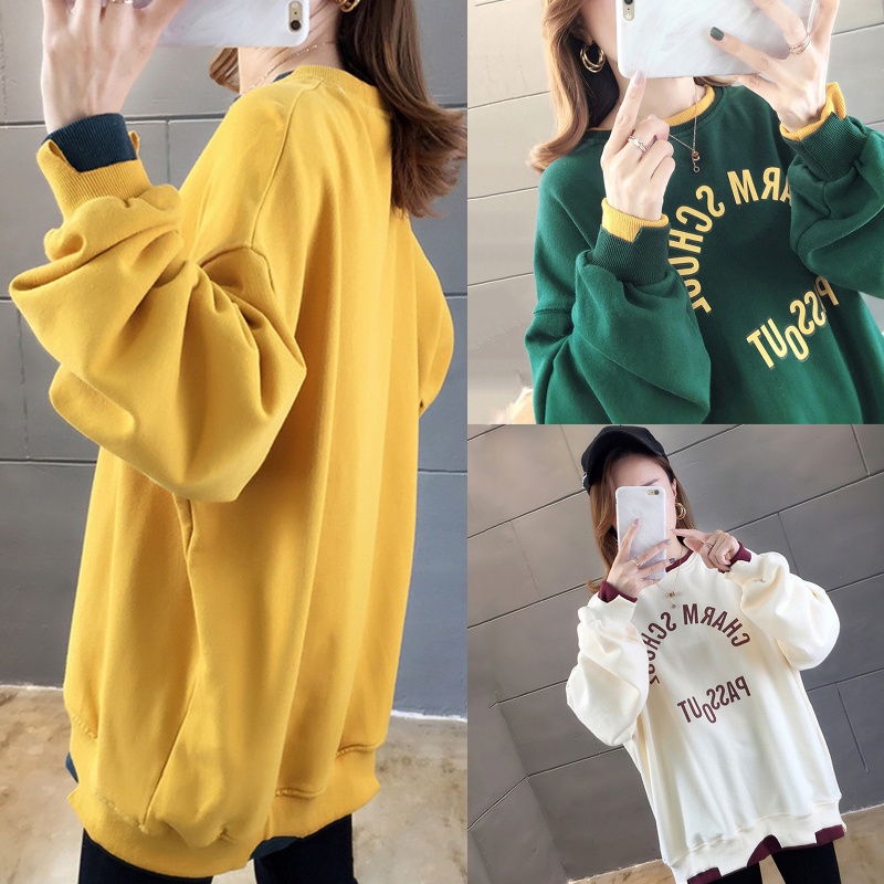 Áo Sweater Tay Dài Cổ Tròn Dáng Rộng Phong Cách Đường Phố Cho Nữ