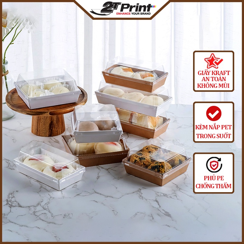 Hộp Giấy Đựng Bánh Kèm Nắp Nhựa Trong Suốt - Màu Nâu, Trắng, Họa Tiết Gấu Vàng, Chất Liệu Kraft Phủ PE Cứng Cáp An Toàn