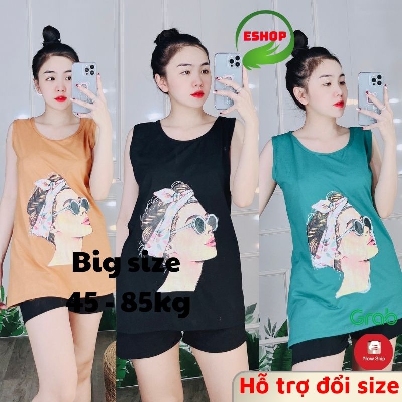 Đồ bộ mặc nhà ESHOP bigsize nữ quần đùi áo ba lỗ thun cotton thể thao mùa hè đẹp dễ thương đi chơi ngủ trung niên BD10