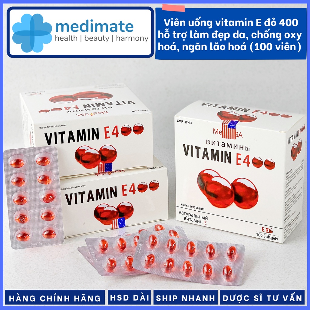 Viên uống Vitamin E Đỏ 400 MediUSA giúp đẹp da, giảm lão hóa, chống oxy hóa (hộp 100 viên)