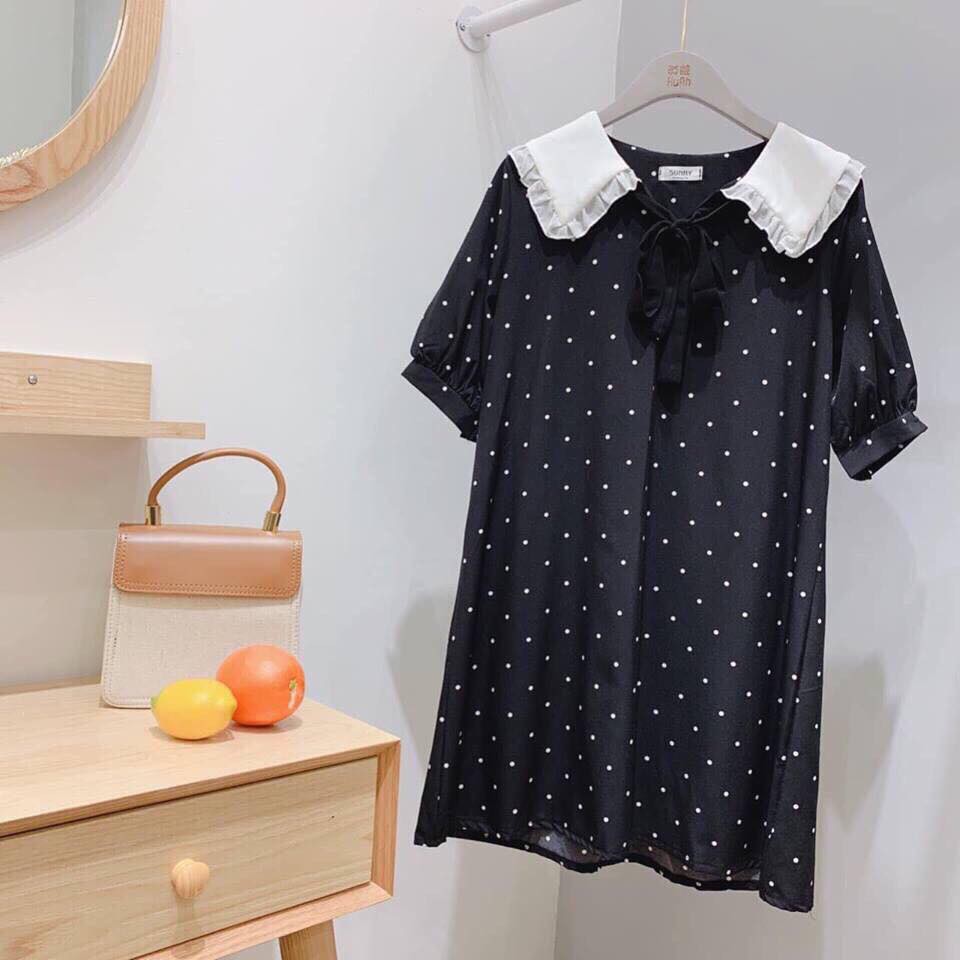 Đầm Nữ Suông Chấm Bi Cổ Bèo Trắng