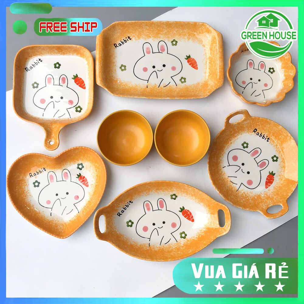 Green House - Set Bát Đĩa Thỏ Màu Cam, Bát đĩa ăn cơm ăn mì, decor bàn ăn dễ thương