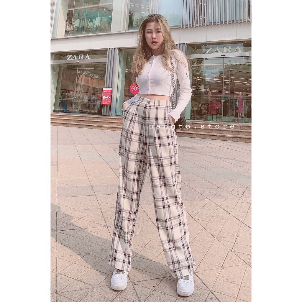 Quần Kẻ Caro Dáng Rộng Ống Suông Form Dài Qua Mắt Cá