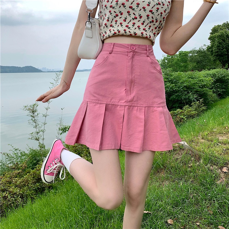 Chân váy xếp li Chân váy chữ A FIRST DATE đuôi cá nữ Hàn Quốc retro cạp cao kaki