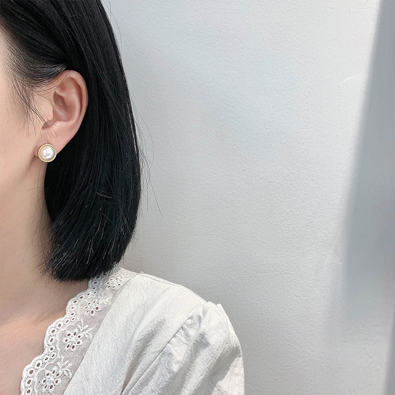 Khuyên Tai Hình Tròn Đính Ngọc Trai Đơn Giản Phong Cách Pháp JP5