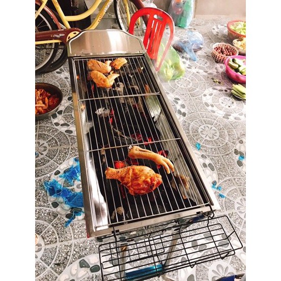 Bếp nướng BBQ Bếp nướng than hoa ngoài trời có thể gấp gọn Chất liệu inox không gỉ chân cao kèm phụ kiện