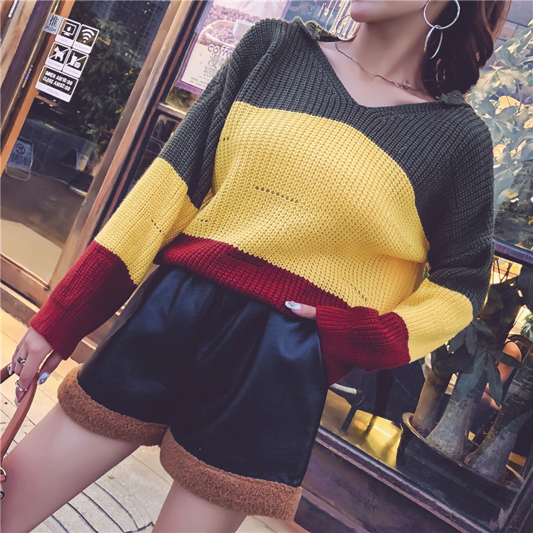 Áo len trùm đầu V- cổ + quần da PU quảng châu order | BigBuy360 - bigbuy360.vn