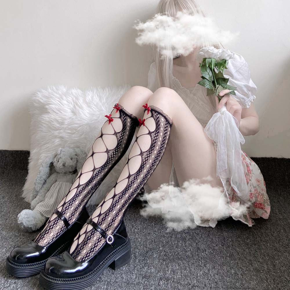 Vớ cao kiểu lưới mắt cá co giãn cao đến bắp đùi đính nơ ngọt ngào phong cách anime lolita dễ thương nhiều màu sắc