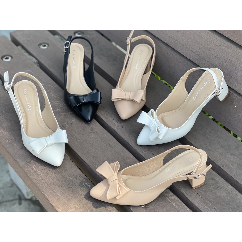 Giày sandal nữ cao gót Anna slingback vintage quai hậu mũi nhọn bít mũi gót nhọn 5 phân phối nơ Hàn Quốc _A064