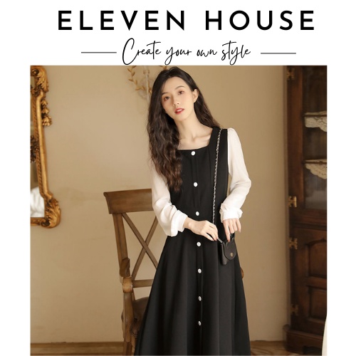 XẢ Váy đầm dài tiểu thư cổ vuông siêu xinh dáng chữ A 11 House