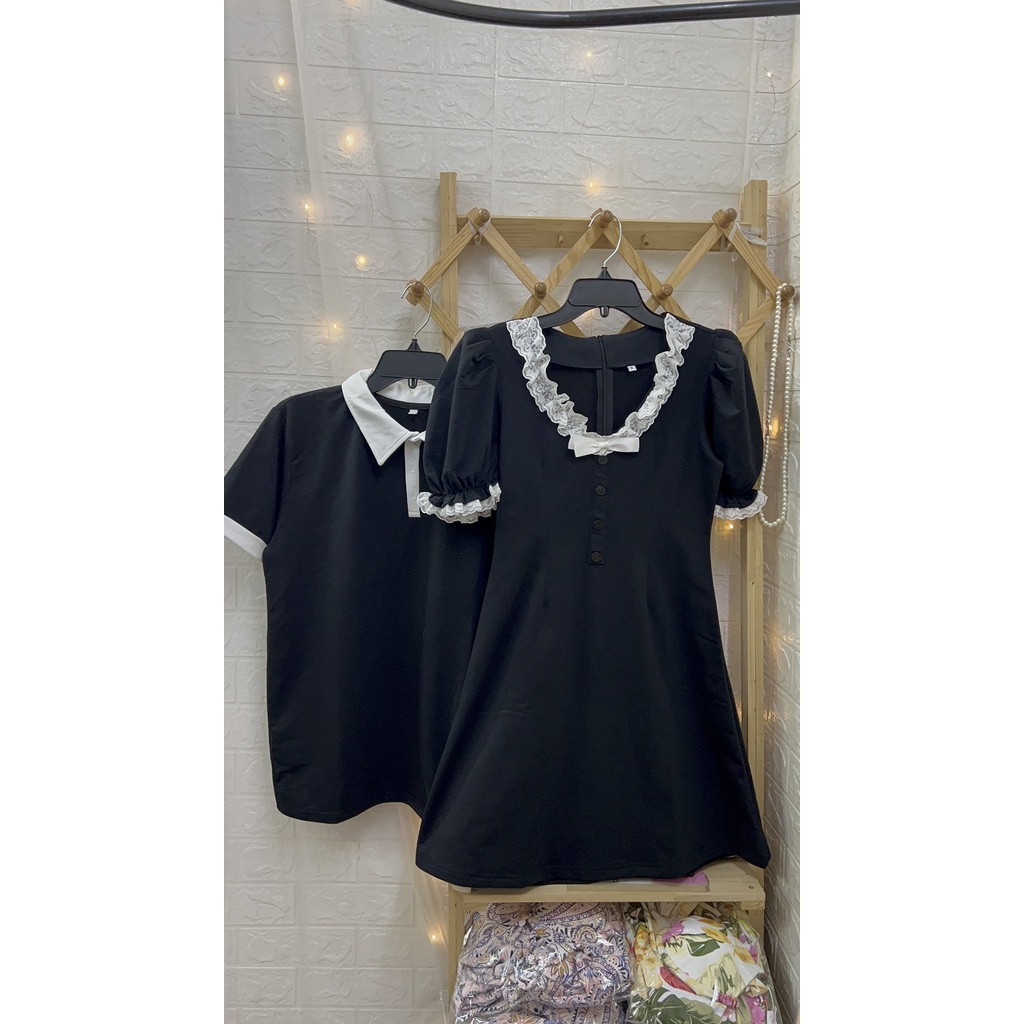 Vintage Style - Áo váy thun đôi đen xòe mix ren tiểu thư - Đồ đôi nam nữ Forever Couple Store