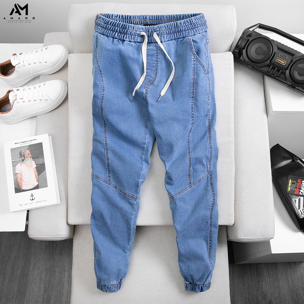 Quần Jean jogger nam AMANO cạp chun có dây rút, trẻ trung, năng động - QJ019