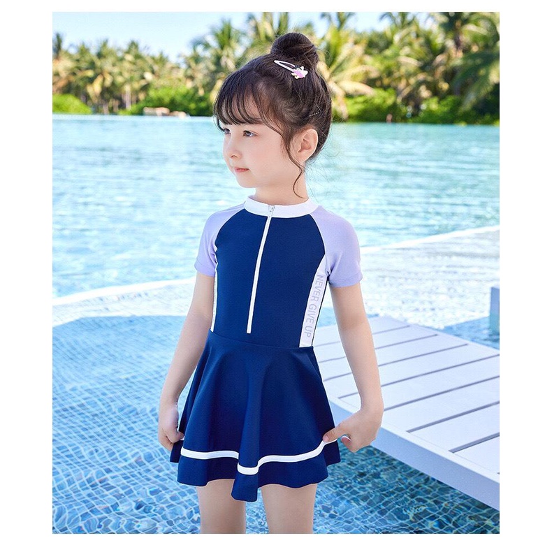 Bộ bơi bé gái cộc liền chân váy, màu xanh than, tay tím nhạt 32626