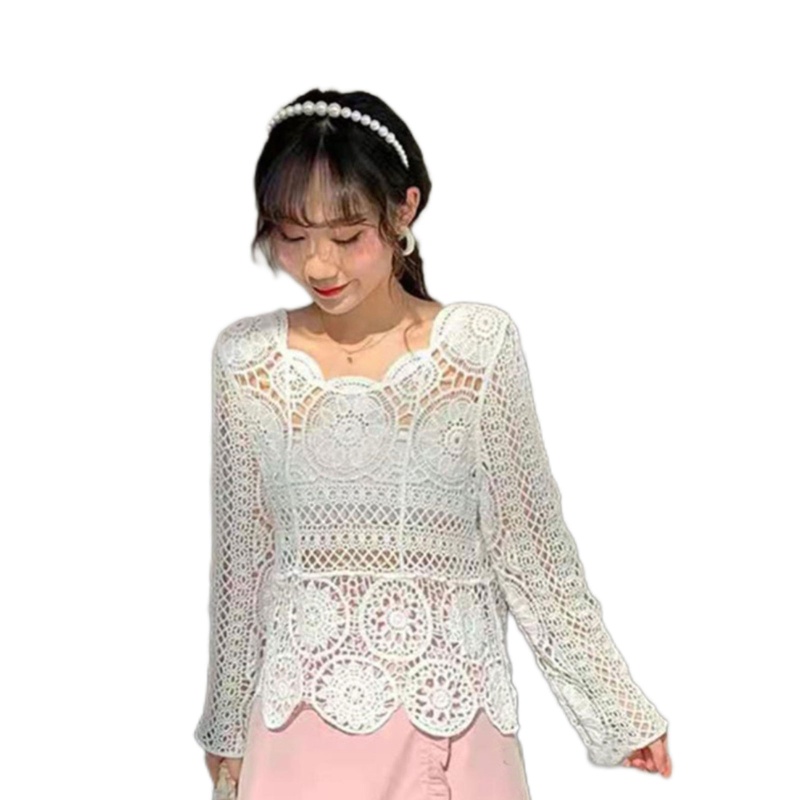 Brroa Áo Thun Dệt Kim Tròng Đầu Dáng Rộng Tay Dài Khoét Lỗ Hình Học Rỗng Đi Biển Cho Nữ
