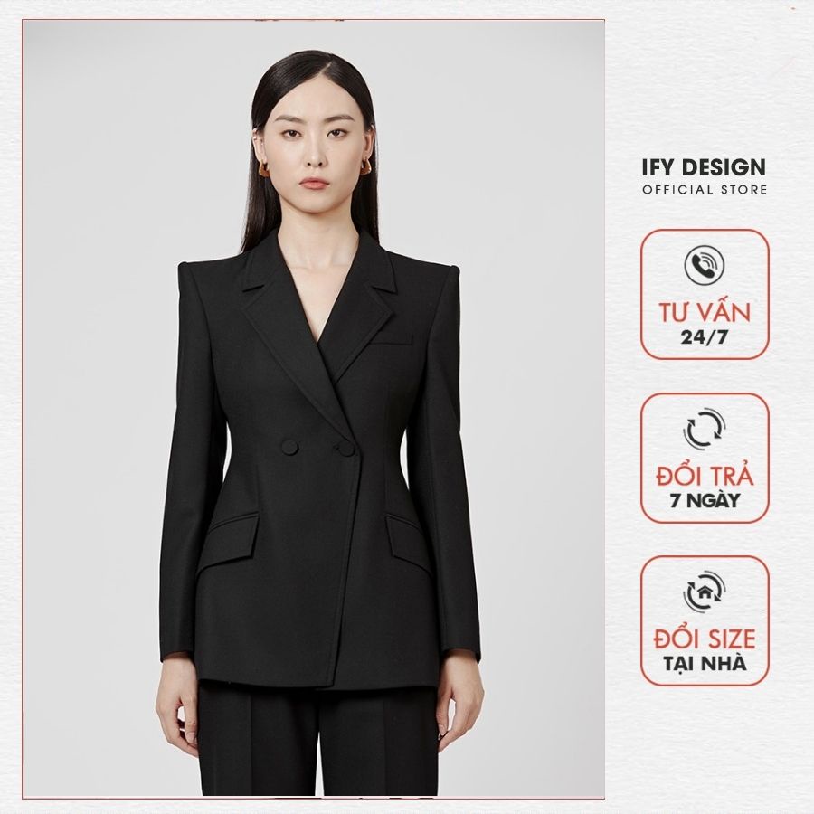 Áo vest nữ blazer đen, be chiết eo 2 cúc túi chéo IFY Design FS198A