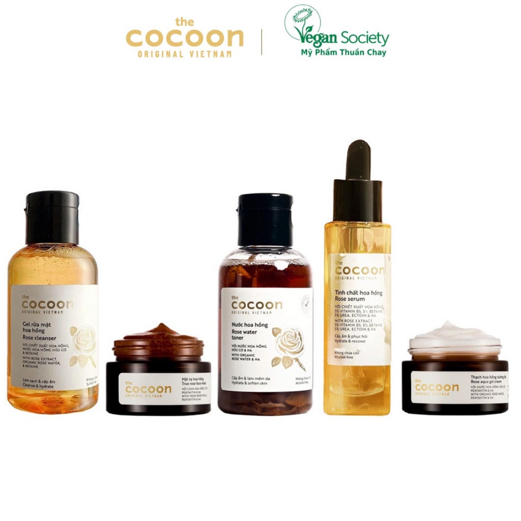 Bộ 5 Hoa hồng cấp ẩm Cocoon Việt Nam dưỡng da chuyên sâu: Gel rửa mặt, Mặt nạ, Toner, Tinh chất, thạch hoa hồng cocoon