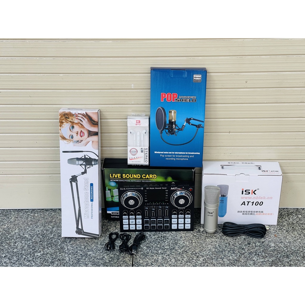 Combo Soundcard DJ 5.1 livestream, karaoke online + Micro thu âm livestream hát karaoke AT100 + kẹp lọc+ tai nghe