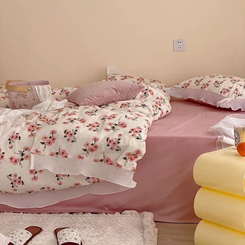 Set Chăn Ga Chùm Hoa Hồng Viền Bèo Cotton Mềm Mát Cực Xinh(Shinbedding_store)