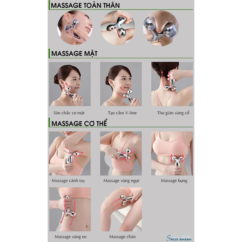 Cây lăn Massage 3D 3in1 thần thánh với đầu lăn  có thể massage mặt và cả vùng quanh mắt.