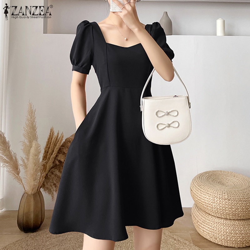 Đầm midi ZANZEA tay phồng cổ vuông có khóa kéo thời trang cho nữ