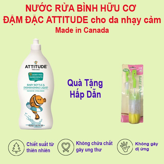 [TẶNG QUÀ] Nước rửa bình sữa hữu cơ đậm đặc ATTITUDE 700ml cho da nhạy cảm – Hương hoa lê - Không chứa chất gây ung thư