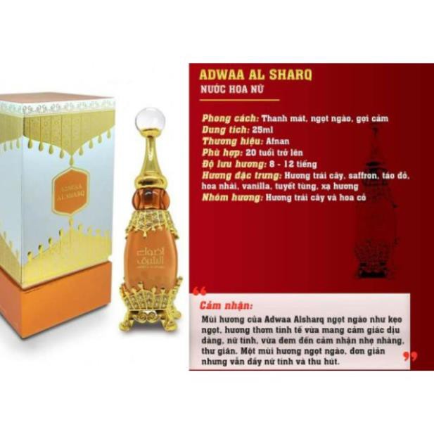 Tinh Dầu Nước Hoa Dubai Nội Địa Việt Kiều Adwaa Al Sharq 25ml Nữ - Tặng Lăn 5ml Mùi Bất Kì | BigBuy360 - bigbuy360.vn