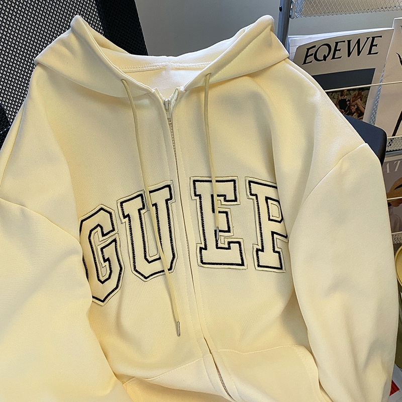 ZHELIHANGFEI Áo Khoác Hoodie Tay Dài Dáng Rộng Thêu Họa Tiết Phong Cách Nhật Bản