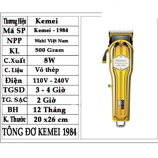 Tông đơ cắt tóc chuyên nghiệp công suất 8w kemei KM1984