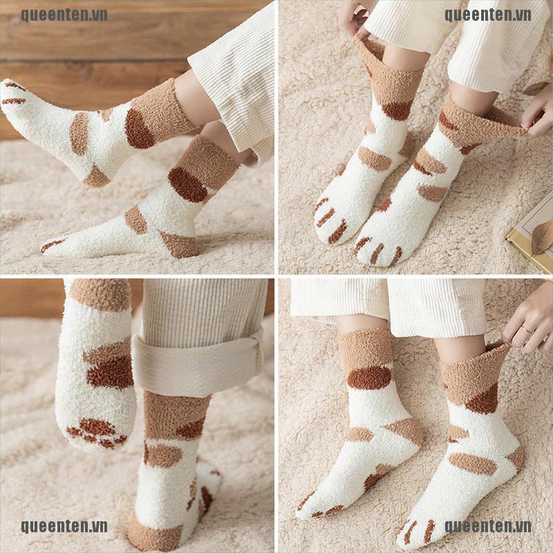 Vớ Lông Cừu San Hô Hình Dấu Chân Mèo Dễ Thương Giữ Ấm Mùa Đông Cho Nữ